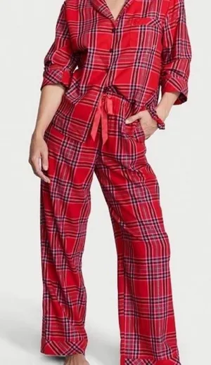 Victoria’s Secret Flannel Long PJ Set in Lipstick Bold Lurex Plaid Small thumbnail 1