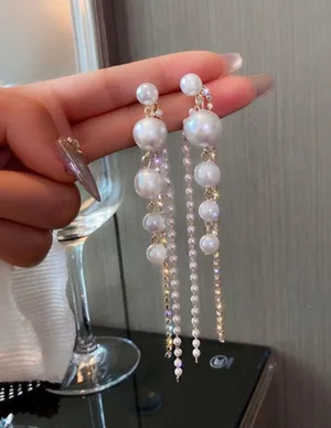 Elegant White Pearl Dangle Drop Earrings for Women,CZ Tassel Pearl Earrings thumbnail 1