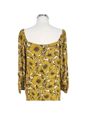 Anthropologie Morgyn Retro Boho Chic Floral Tunic Dress Yellow Ivory Size Large thumbnail 6