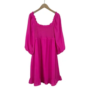 Umgee Hot Pink Smocked Bodice Puff Sleeve Ruffle Dress Size Medium thumbnail 2