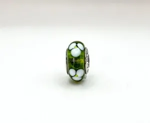 Pandora White Flowers Green Murano Glass Authentic Bead Charm thumbnail 5