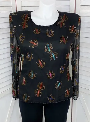 Stenay Vintage Sequin‎ Beaded Silk Blouse Black Multi XL thumbnail 1