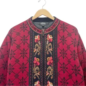 Icelandic Design Wool Cardigan Sweater M Red Nordic Embroidered Floral Full Zip thumbnail 7