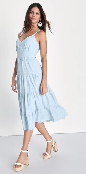 NWT Lulus Freest Feelings Light Blue Plaid Tiered Tie-Back Midi Dress Resort S thumbnail 1