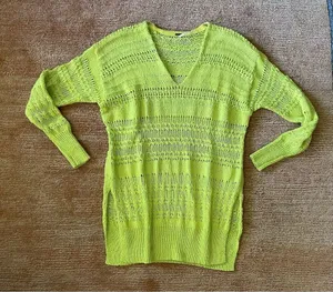 Free People Neon Green Open Knit Sweater XS Long Sleeve V Neck Cotton Blend thumbnail 1