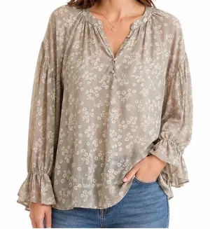 Blu Pepper‎ Size M Emily Khaki Floral Long Sleeve Boho Blouse Tan-Fall Fashion thumbnail 1