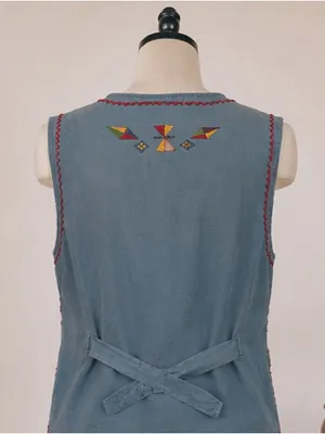 Vtg Asapo Western 100% Cotton Floral Tribal Embroidered‎ Denim Button Up Vest, M thumbnail 12