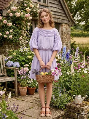 La Lavon Dress Purple Lavender Pleated Pintuck Puff Sleeve Boho Fairycore Mini thumbnail 11