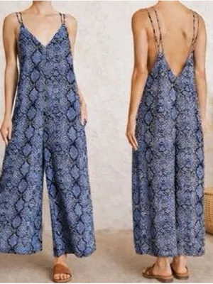 Free People Women’s Snakeskin Open Back Blue Jumpsuit Wide Leg Size S thumbnail 2