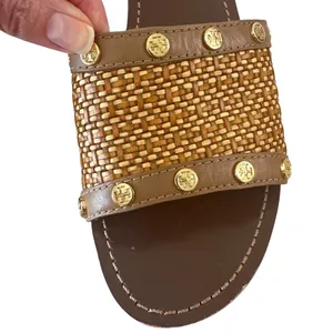 Tory Burch Joanie Straw Wedge Slides Tan‎ Studded 9.5 Boho thumbnail 11