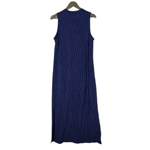 Grace Sleeveless Ribbed Striped Midi Column Dress Navy Blue Minimalist Size L thumbnail 4