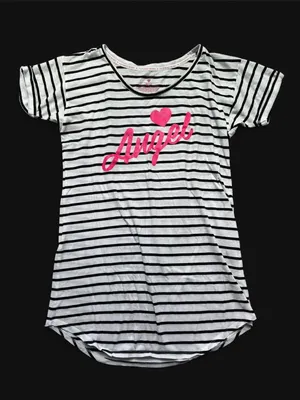 Victoria's Secret black & white striped pajama short sleeve shirt with pink glitter “Angel” graphic thumbnail 2