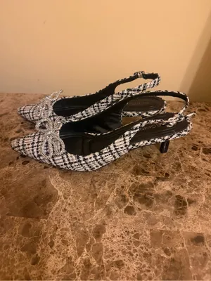 BCBGeneration Black and White Tweed Pointed Slingback Heels with Rhinestone Bow thumbnail 3