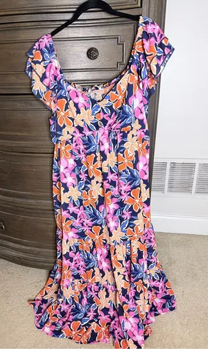 Floral Maxi Dress in Navy with Pink & Orange Blooms thumbnail 1