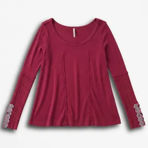 Free People Berry Wine Crochet Lace Trim Thermal Top Long Sleeve Women Medium thumbnail 1