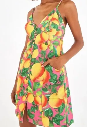 Farm Rio orange sunset linen mini summer sun dress fruit novelty tropical prnt S thumbnail 1