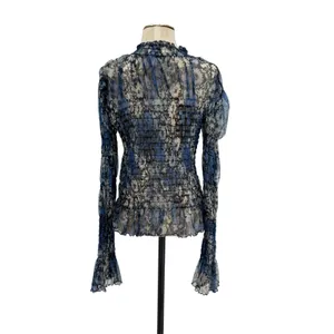 Free People Hello There Top‎ Blouse Smocked Flare Sleeve Mesh Floral Blue Large thumbnail 9