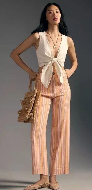 Anthropologie Colette Linen Pants Crop Wide Leg Orange Stripes Maeve Size 27 thumbnail 1