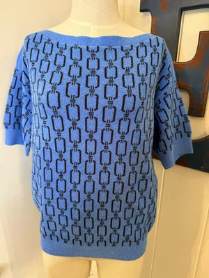 Ann Taylor Blue and Black Geometric Off-Shoulder Sweater Sz M thumbnail 1