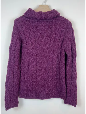 Aran Sweater Market 100% Merino Wool Cable Knit Cowl Neck Purple Sweater M thumbnail 5