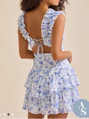Altar'd State Mabel Blue Floral Tiered Ruffle Mini Dress Lace Up Back Size Large thumbnail 4