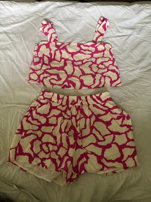 Pink and Cream Matching Crop Top & Shorts Set thumbnail 1