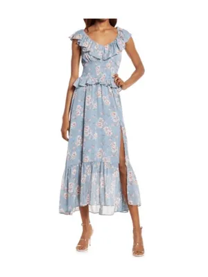 NWOT Floret Studios sz Small Blue Floral Ruffle Maxi Dress with Smocked Waist thumbnail 3
