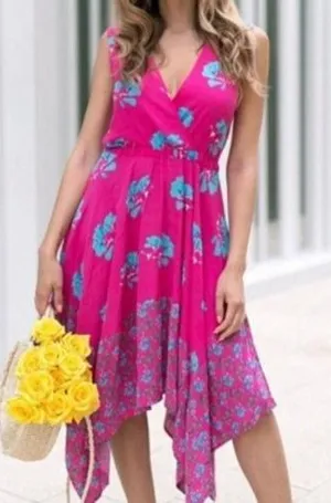Maje 38G Rushia‎ Sleeveless Floral Print Dress Pink Blue Handkerchief Hem Small thumbnail 1