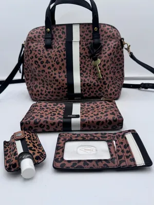 Fossil Leopard Print Satchel Crossbody Bag Wallet Card Holder Matching Set thumbnail 3