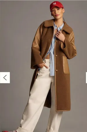 Avec Les Filles Brown Faux-Shearling Trench Coat with Leather Trim thumbnail 1
