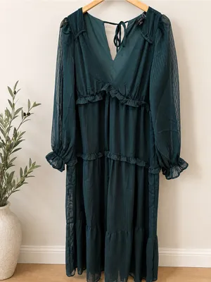 NWT Lumiere Teal Tiered Midi Dress Sheer Sleeve Romantic Cottagecore thumbnail 3