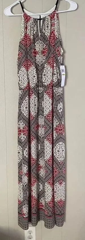 Suite 7 Maxi Dress 14P Petite Red Black Geometric Print NWT Sleeveless Summer Dr thumbnail 1