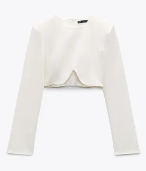 Zara White Rhinestone Cropped Long-Sleeve Top - WORN TWICE thumbnail 1