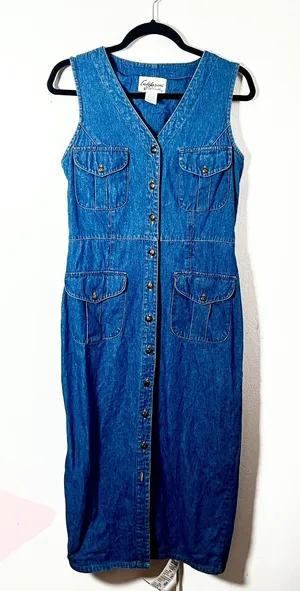 VTG 90s Denim Maxi Dress Womens‎ Large Blue 100% Cottagecore Farm Modest thumbnail 1