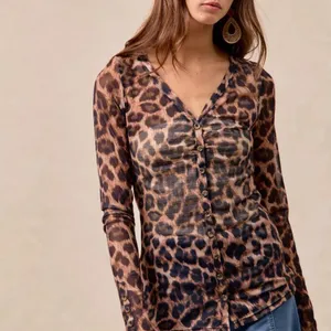 BiBi Leopard Printed Mesh‎ Shirt With Button Up V Neck Size XL thumbnail 8