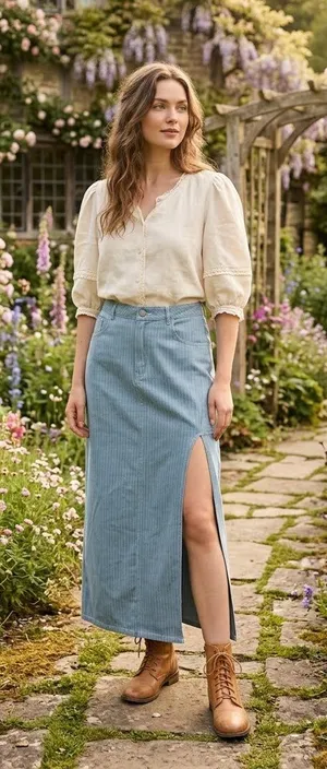 Sage the Label Denim Striped Locals Only High Slit Maxi Skirt Medium thumbnail 1