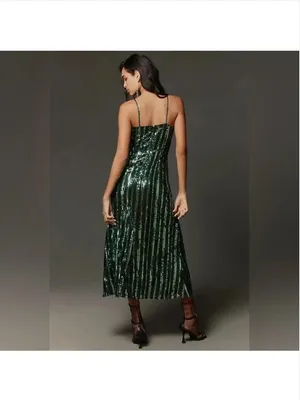 Anthropologie Maeve Green Sequin Stripe Midi Dress thumbnail 3