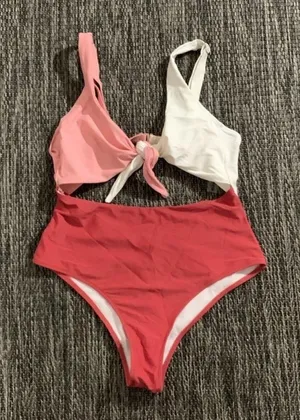 Shein One-Piece Swimsuit Women's Pink and White Size Medium thumbnail 1