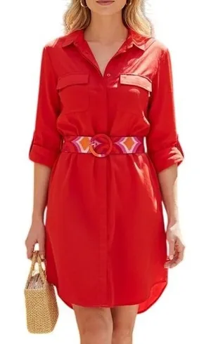 Bebe Belted Shirt Dress Womens Small Red Utility Mini Roll Tab Sleeve‎ Vibrant thumbnail 1
