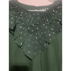 Loft Blouse Womens L Large Green Silver Shimmer Dotted Ruffle Yoke Mixed Media thumbnail 2