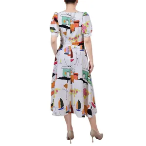 NWT Ny Collection Sleeve Midi Length Jacquard Dress Country Painting White S thumbnail 3
