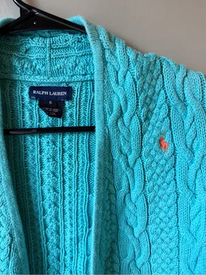 Ralph Lauren Turquoise Cable Knit Open Front Cardigan Size 6 thumbnail 3