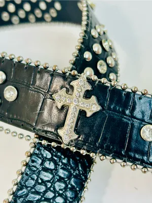 Western Black Leather Belt with Crystal Studded Rhinestones, Engraved Buckke thumbnail 12