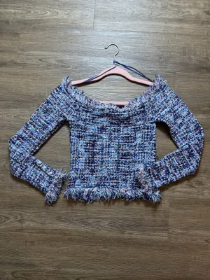 ZARA Off-The-Shoulder Tweed Top Blue thumbnail 2