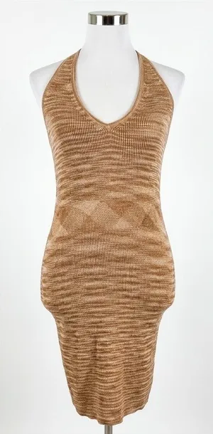 Wild Fable Brown Space Dye Knit Halter Mini Dress V-Neck Bodycon Stretchy thumbnail 1