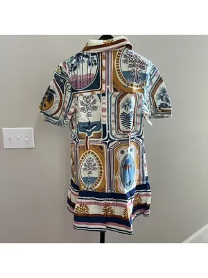 NWOT Farm Rio Linen Cerrado Stamps Short Sleeve Mini Dress Size XS Pocket thumbnail 12