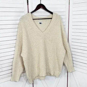 American Eagle Deep V‎ Neck Waffle Knit Oversized Chunky Sweater Tan XL thumbnail 7