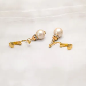 Vintage Clip On Earrings Rich Gold Tone Clear Gems, Faux Pearl Dangle Drop thumbnail 4