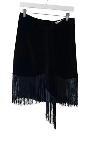 NWT Zara Women Black Fringed Velvet High Waist Ruched Front Detail Mini S #1140 thumbnail 1