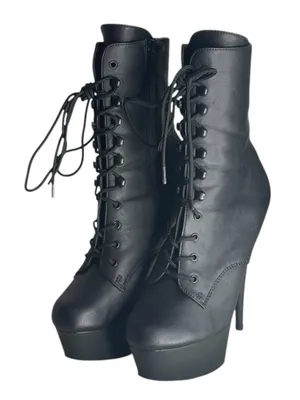 new Pleaser 𖤐 Delight 1020 Platform Stiletto Lace Up Boot 𖤐 Black Faux Leather thumbnail 10